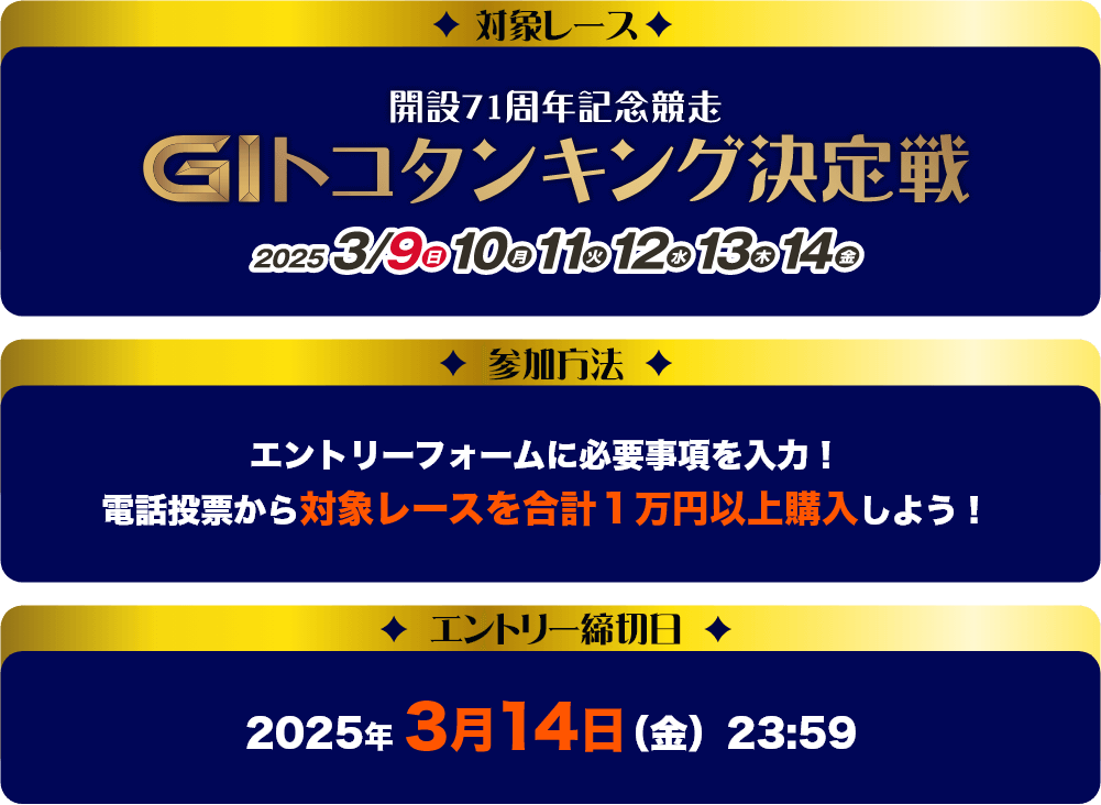 対象レース：開設71周年記念競走 GⅠトコタンキング決定戦　参加方法：エントリーフォームに必要事項を入力！電話投票から対象レースを合計１万円以上購入しよう！　エントリー締切日：2025年3月14日(金)23:59